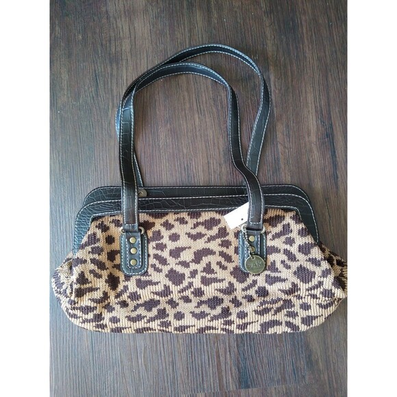 The Sak Tan Brown Knit Animal Print Faux Leather Double Handle Shoulder Bag Larg - Picture 1 of 5